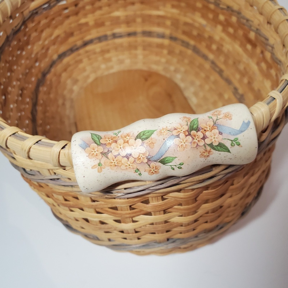 Signed‎ Artisan Woven Splint Bread Basket Wood Base Floral Porcelain Handles